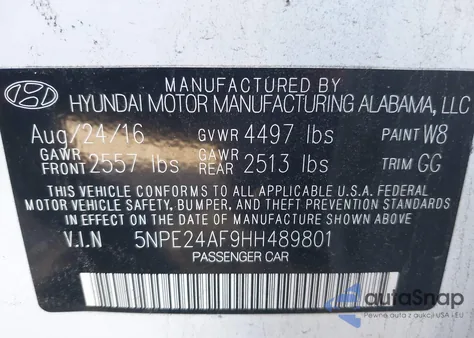 2017 Hyundai Sonata Se from USA, damaged, VIN 5NPE24AF9HH489801
